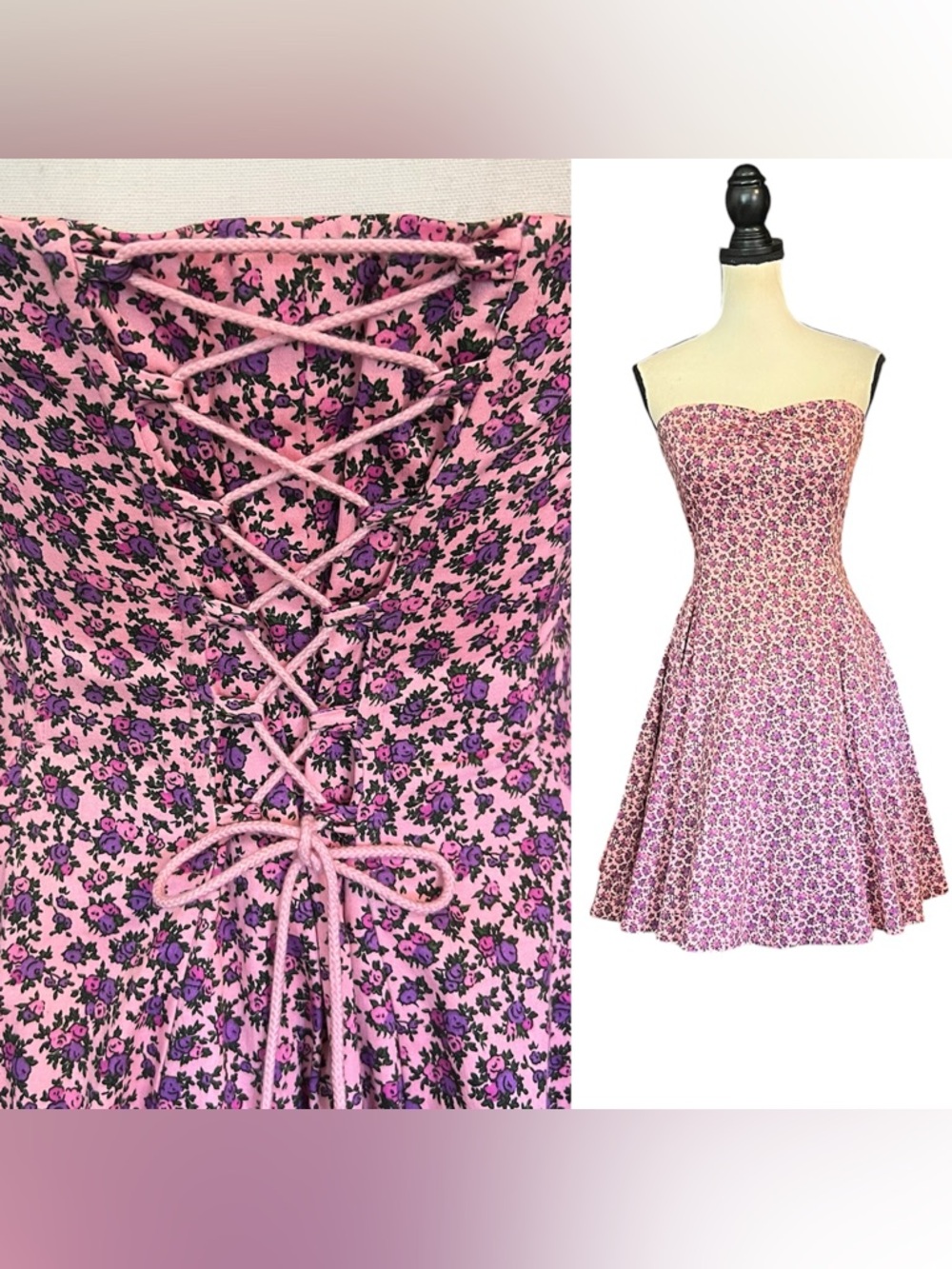 Vintage Betsey Johnson Pink Calico Floral Corset Tie Fairy Tea Party Dress
